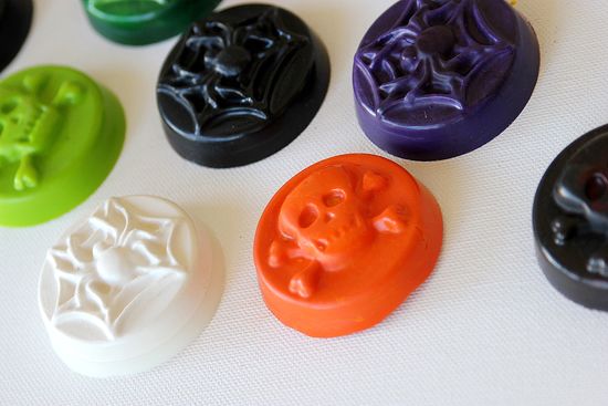 Halloween themed crayons made at home using a candy mold