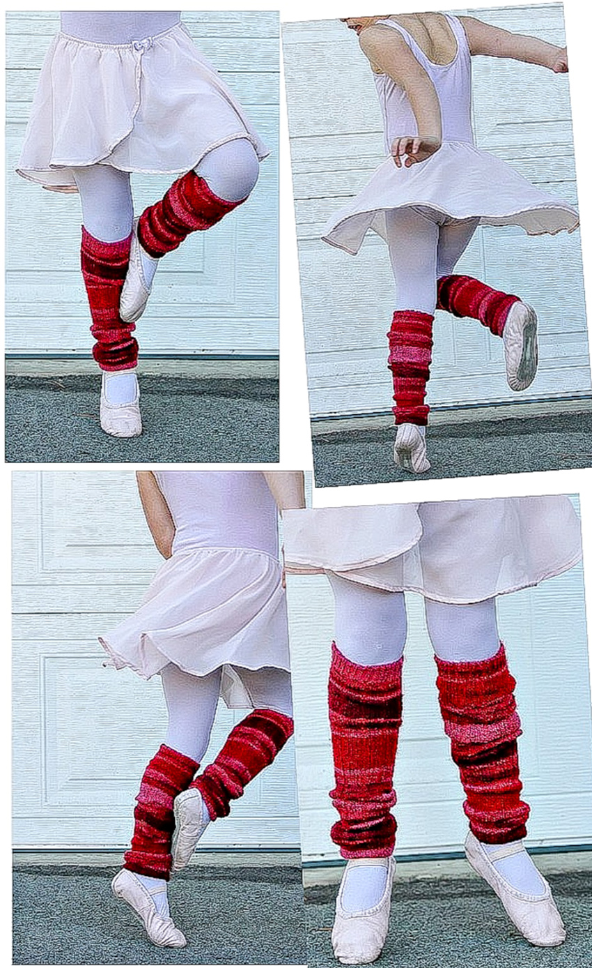 A girl wearing red leg warmers that were made out of socks.