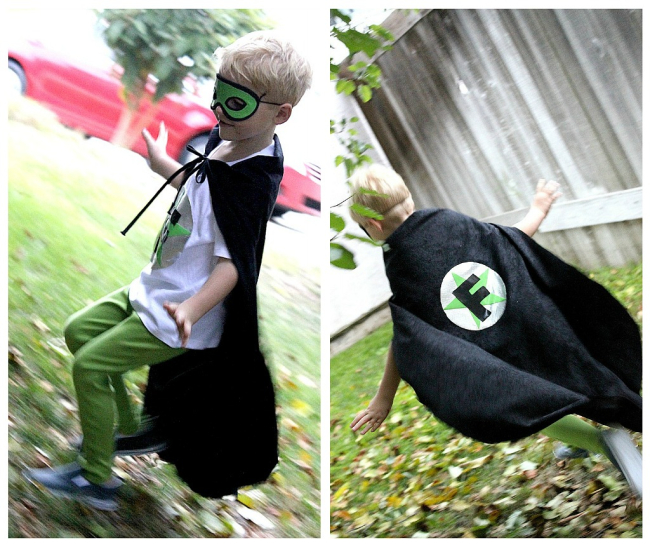 a handmade superhero costume for Halloween.