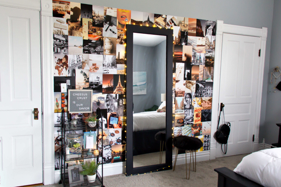 A wall collage in a teenage girls bedroom with a DIY standing mirror. 