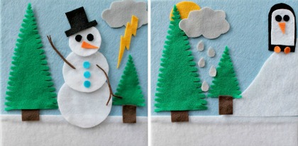 DIY felt boards with a snowman, trees, and penguin.