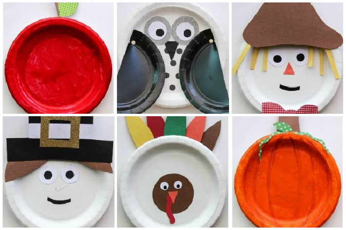 Fall paper plate craft ideas including a pilgrim, pumpkin, turkey, scarecrow, apple, and an owl.