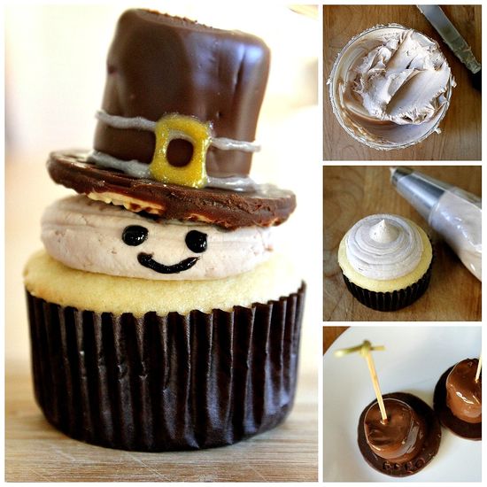 A collage of photos to show how to make pilgrim cupcakes.