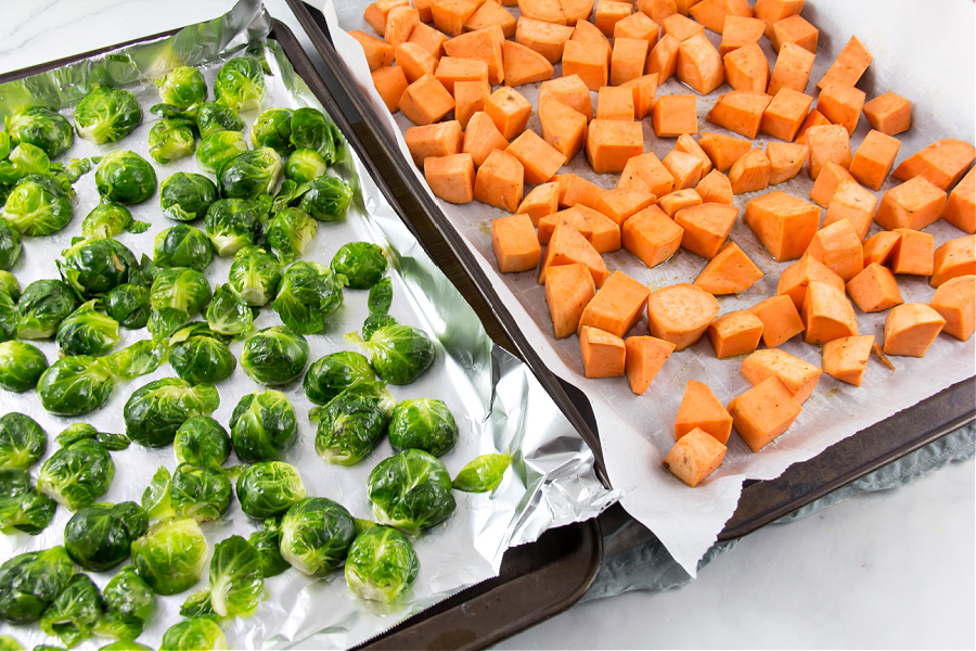 instructions for roasting sweet potato and Brussels sprouts.