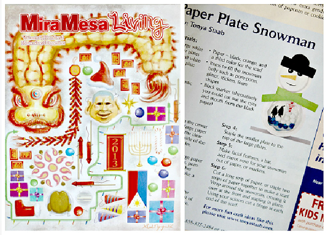 A snowman paper plate craft for kids that appeared in Mira Mesa Living magazine.