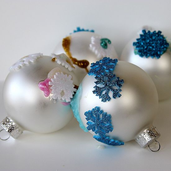 ornaments decorated with stickers by kids