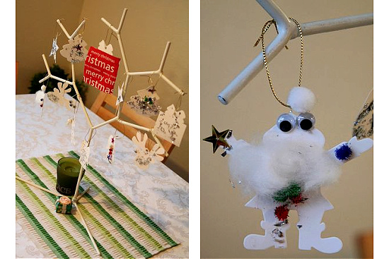 Paper christmas ornaments decorated by kids.