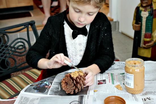 instructions to make pine cone bird feeders with kids