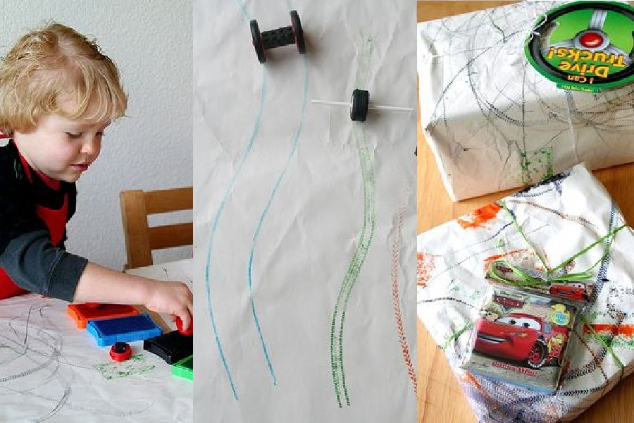 how to have kids decorate packing paper to use as gift wrap.
