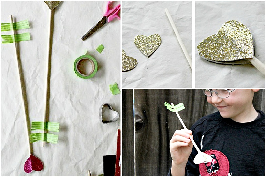 cupids arrow craft using glitter card stock, wood dowel rods, and tape