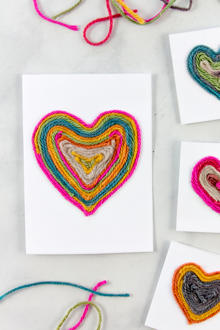 valentine's day cards with a heart made out of scrap yarn