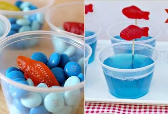 two easy party food ideas for a Dr Seuss party. One has blue M&M's with Swedish fish and the other has blue Jell-O with Swedish fish