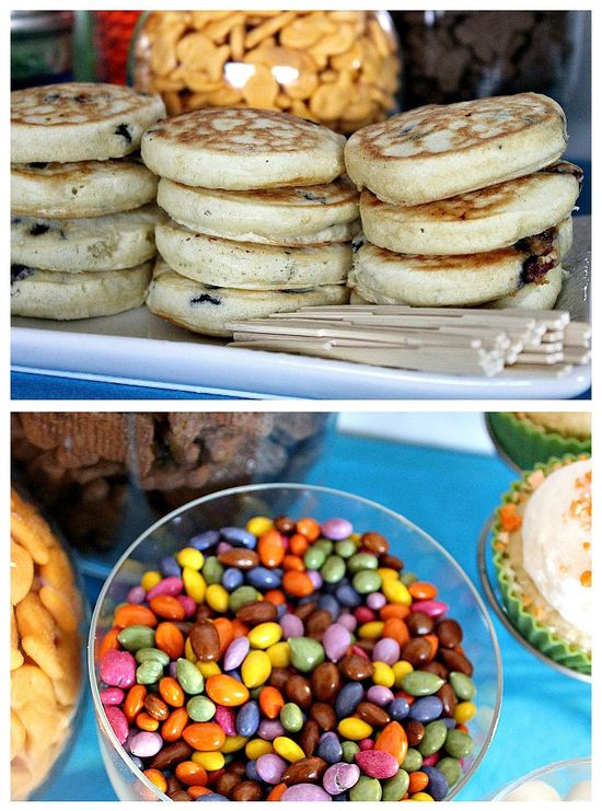 The Lorax party food including blueberry pancakes and candy. 