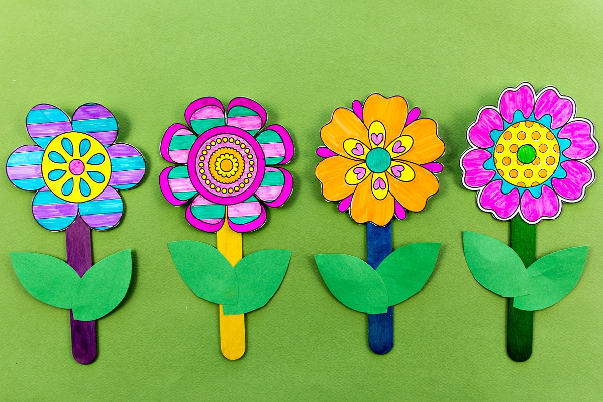 popsicle stick flower craft using a coloring page