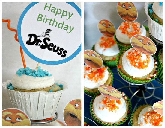 Blue and orange Dr Seuss and The Lorax cupcakes and cupcake toppers.