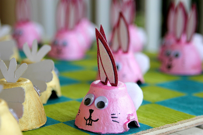 pink easter bunny egg carton and yellow egg carton chick craft