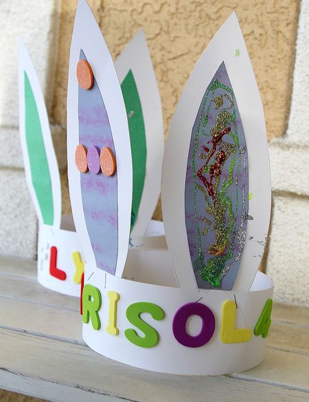 paper bunny ears headband diy decorated with foam letters and glitter glue by preschoolers