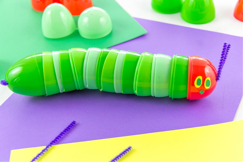 The Very Hungry Caterpillar craft made using plastic easter eggs.