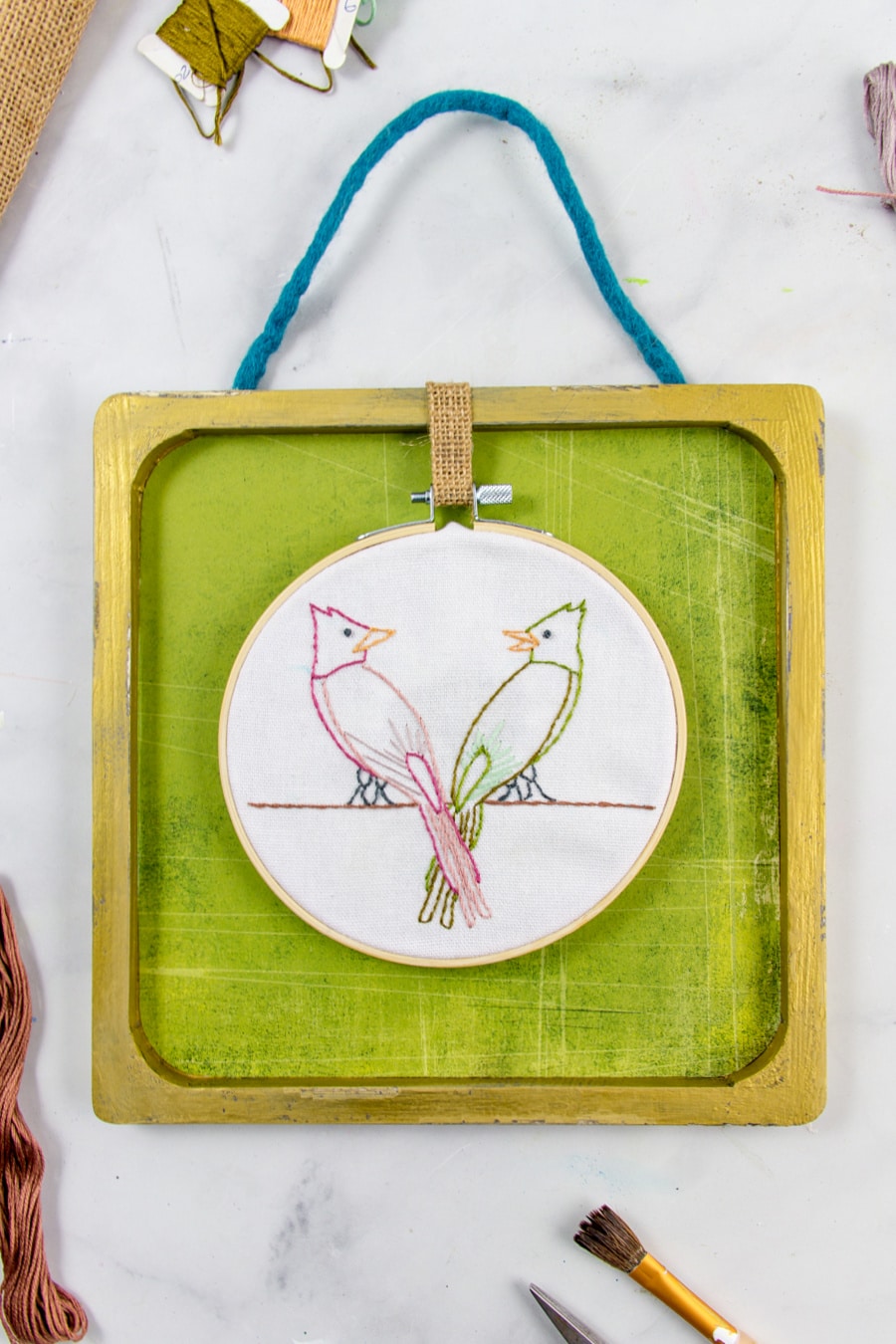 lovebirds embroidery project in a box frame