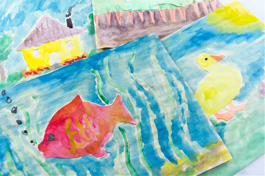 guided watercolor painting tutorial for kids using animal and shape cut-outs