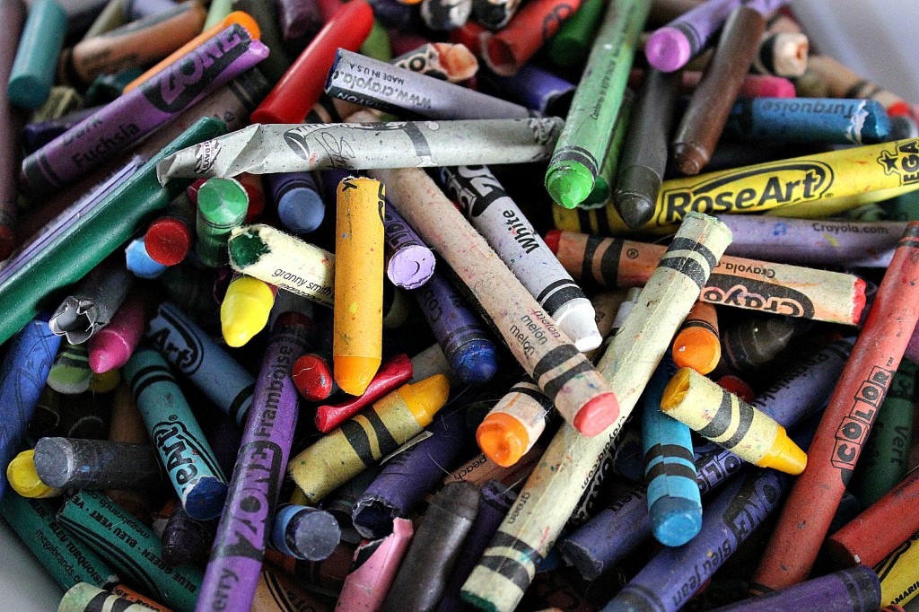 A pile of broken crayons ready to be melted. 