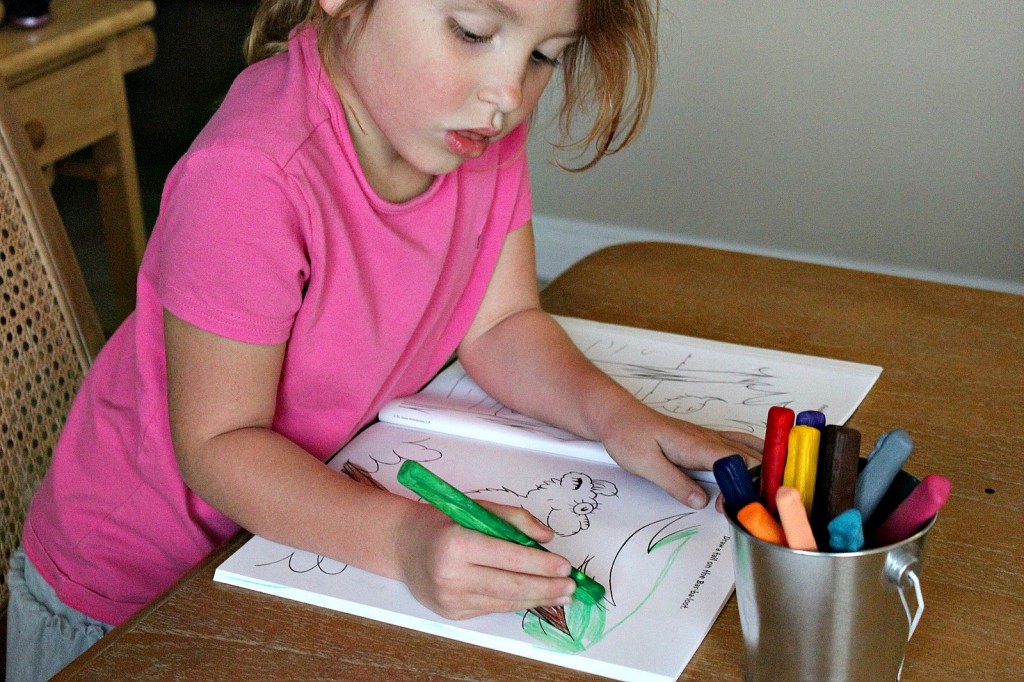 Kids coloring with extra large crayons that had been melted in the oven and poured into a large silicone mold. 