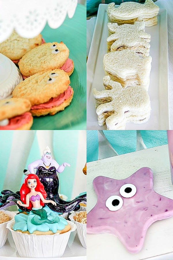 under the sea them party food including octopus sandwiches, cupcakes, white chocolate starfish, and cookie pearl shells