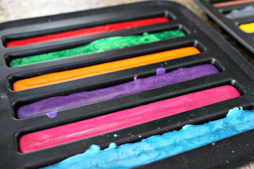 Melted crayons hardening in a silicone mold. 