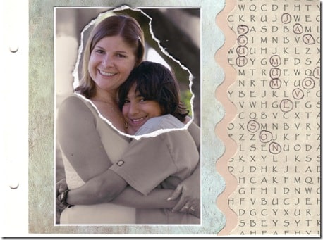 A mother and son family scrapbook ideas with a word find puzzle on it. 
