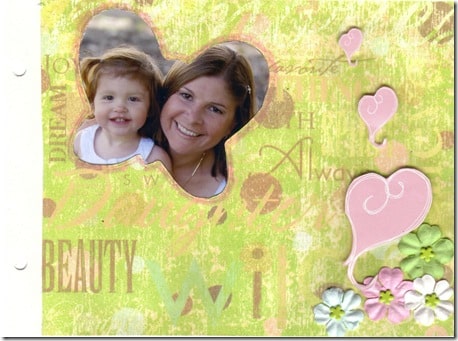 A pretty pink and green mother daughter family scrapbook page idea with pink hearts.
