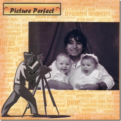 A family scrapbook idea for portraits taken of kids with picture perfect scrapbook paper.