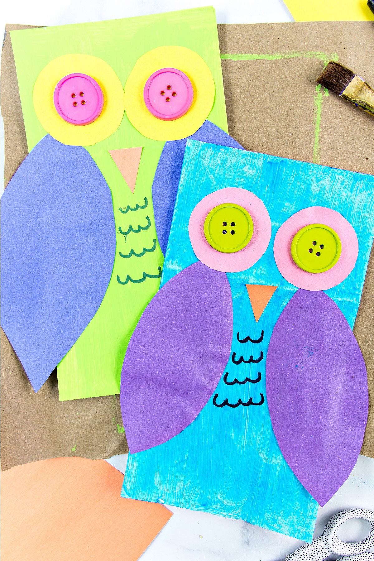 colorful owl paper bag puppets for kids to make