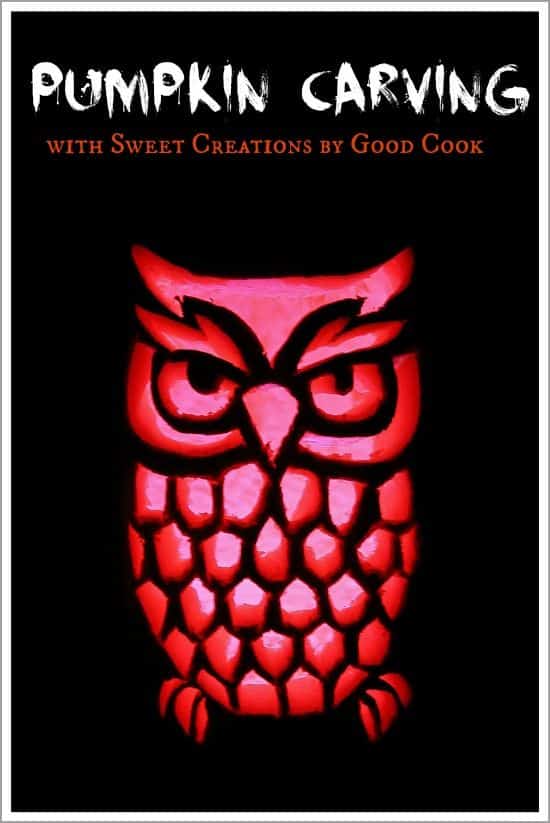 A pumpkin carved like an owl using a stencil with a red light inside it.