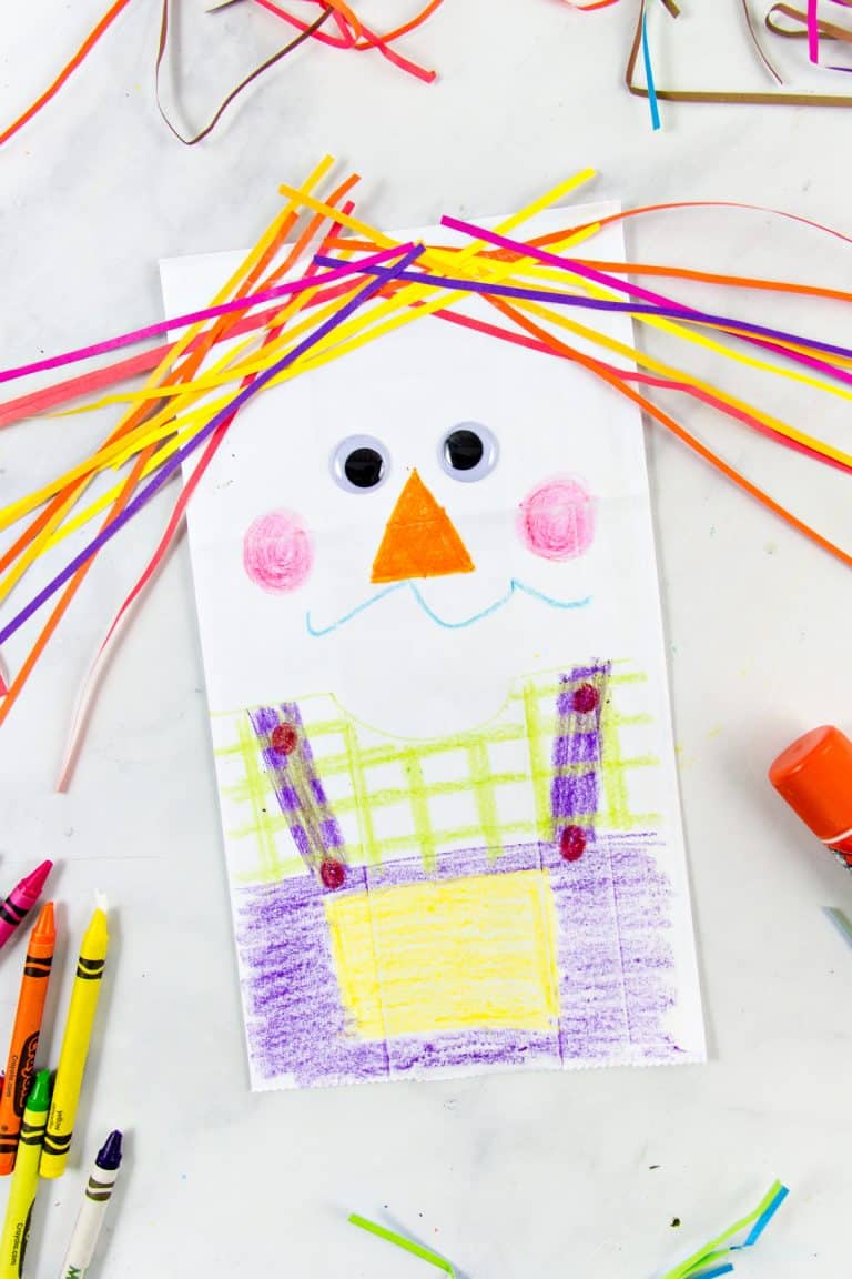 Colorful Paper Bag Scarecrow Puppet Craft for Kids | Tonya Staab