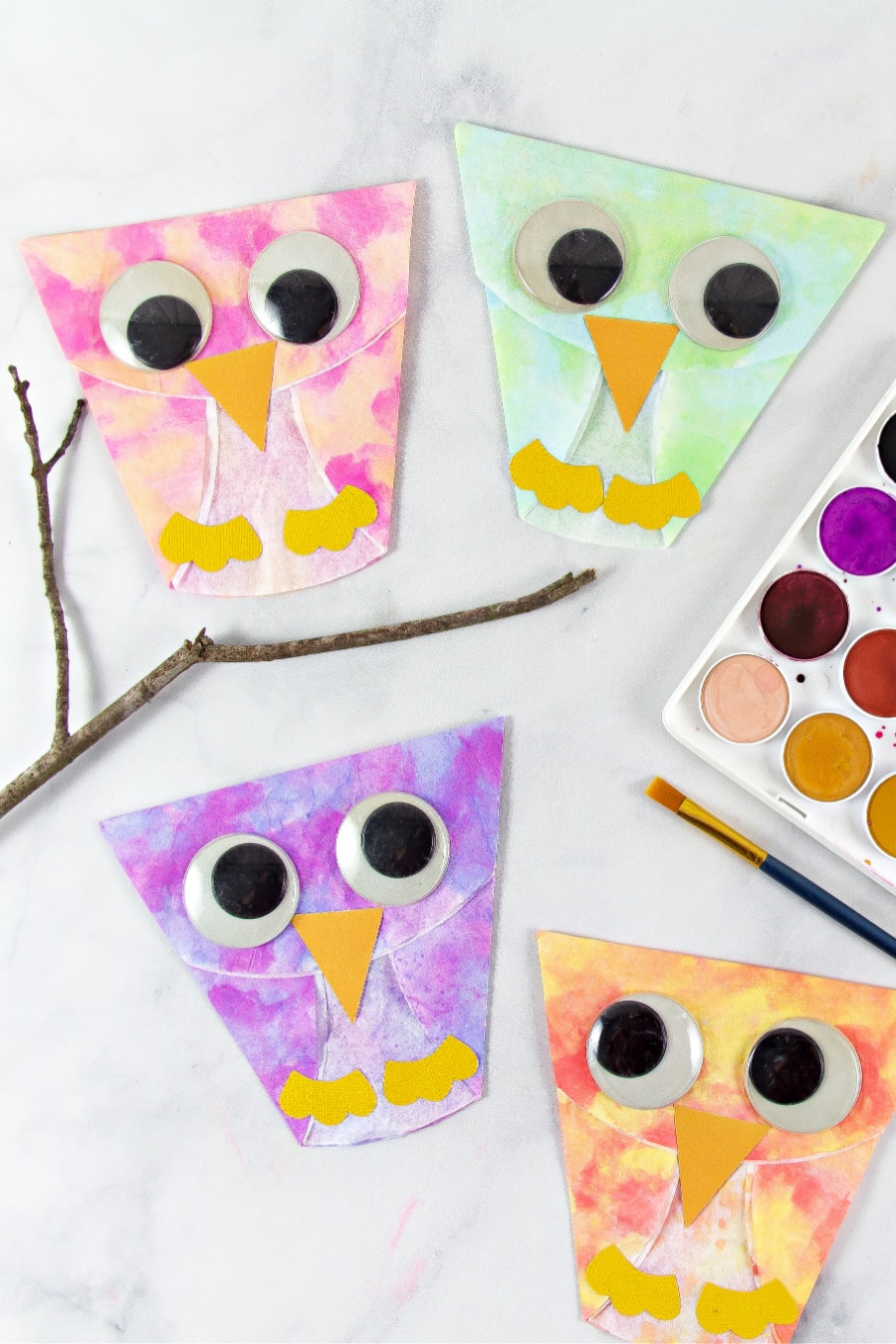 a watercolor owl craft made using coffee filters and googly eyes