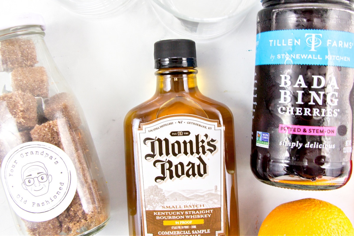 You need Monks Road small batch, Your Grandpas old fashioned cocktail cubes to make an old fashioned