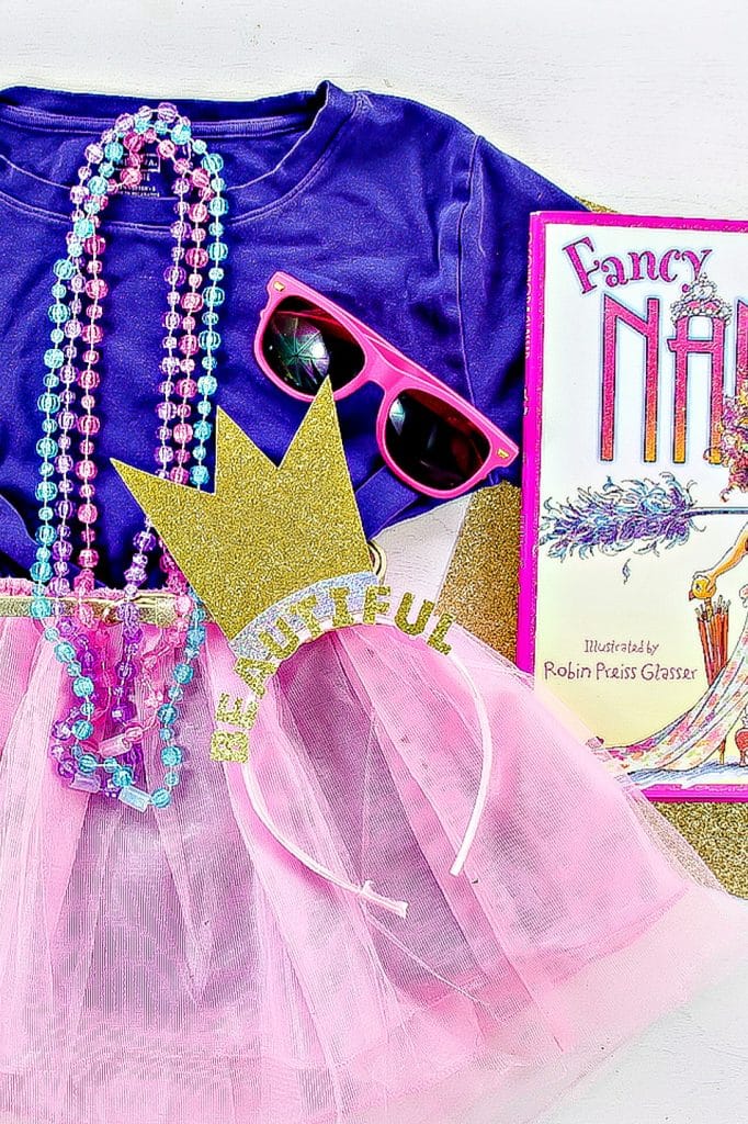 a costume inspired by Fancy Nancy with a tulle skirt, beads, and a homemade crown
