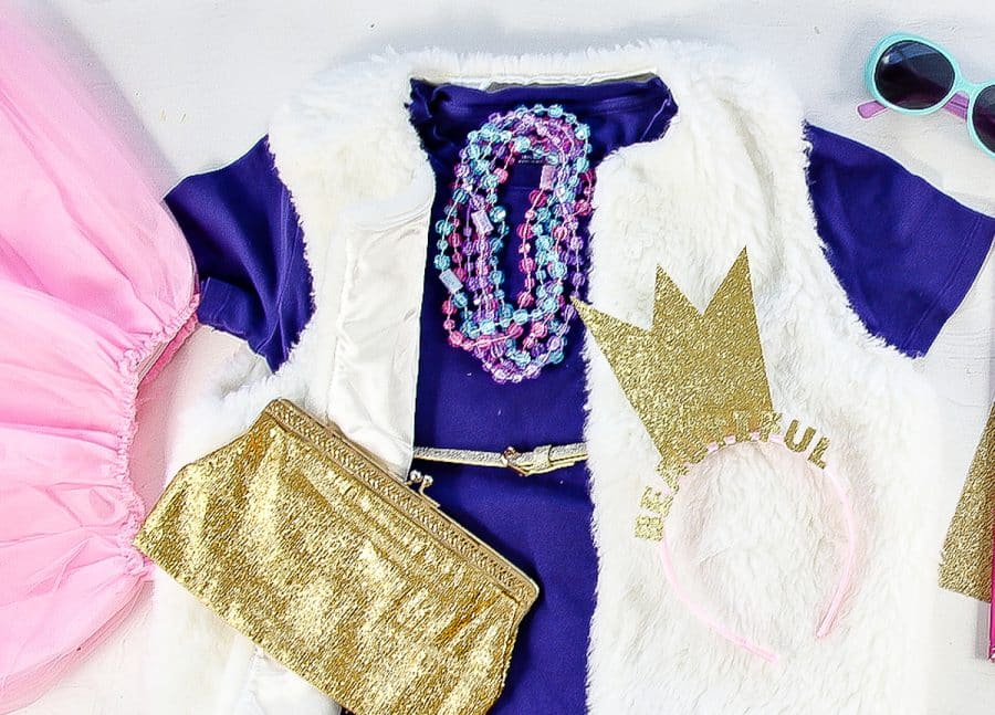 a tee paired with a fur vest, crown, bag, and sunglasses for a fancy nancy costume