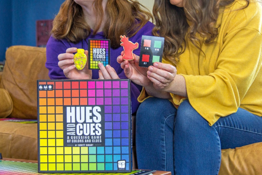 hues and cues game with colorful christmas cookies made to match