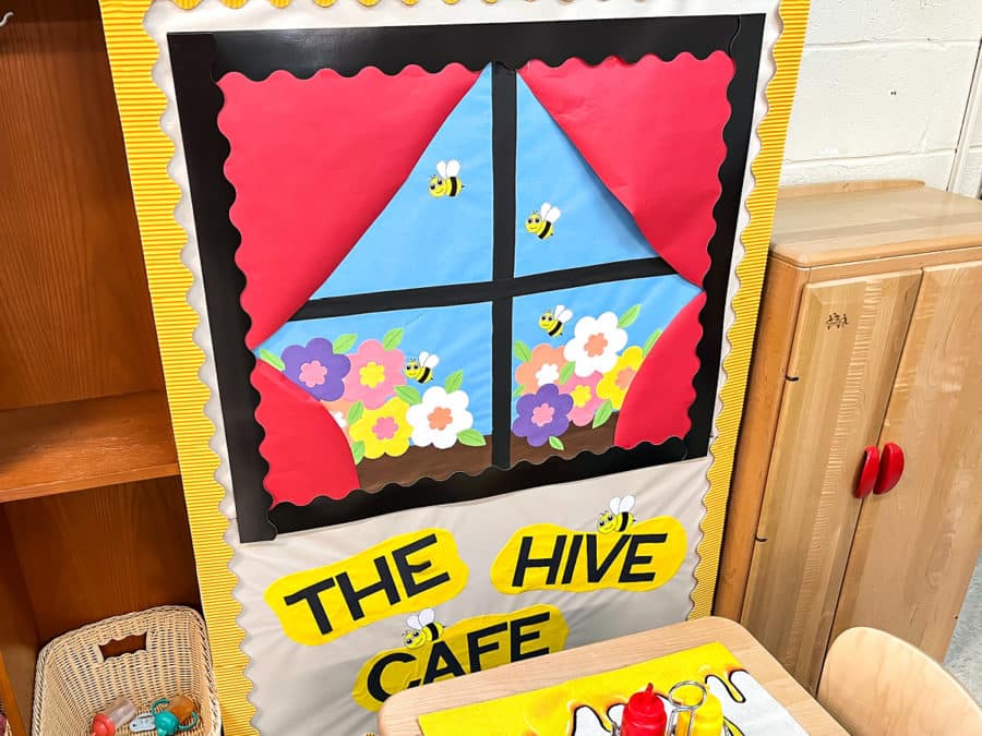 bee theme preschool classroom decorating ideas including a home center cafe called The Hive