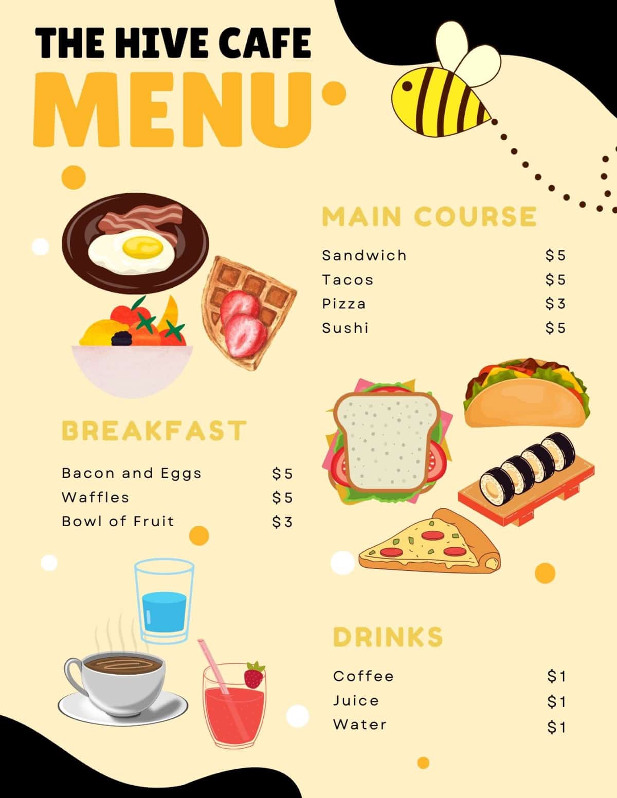 a bee theme menu for a preschool cafe in the home center