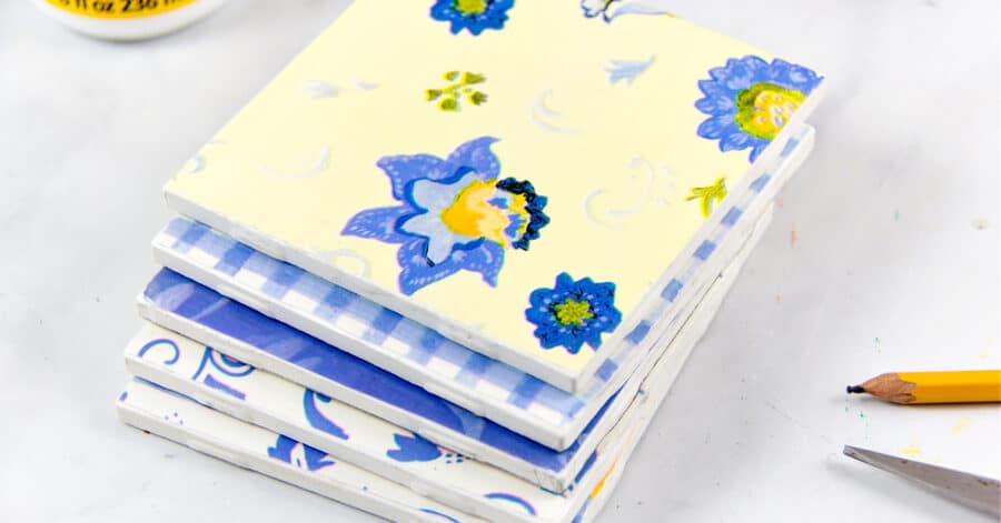 homemade tile coasters covered in gift wrap