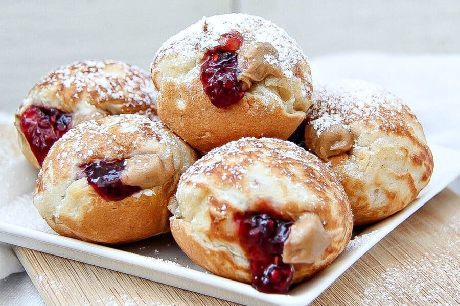 mini ebelskiver pancakes filled with peanut butter and jelly