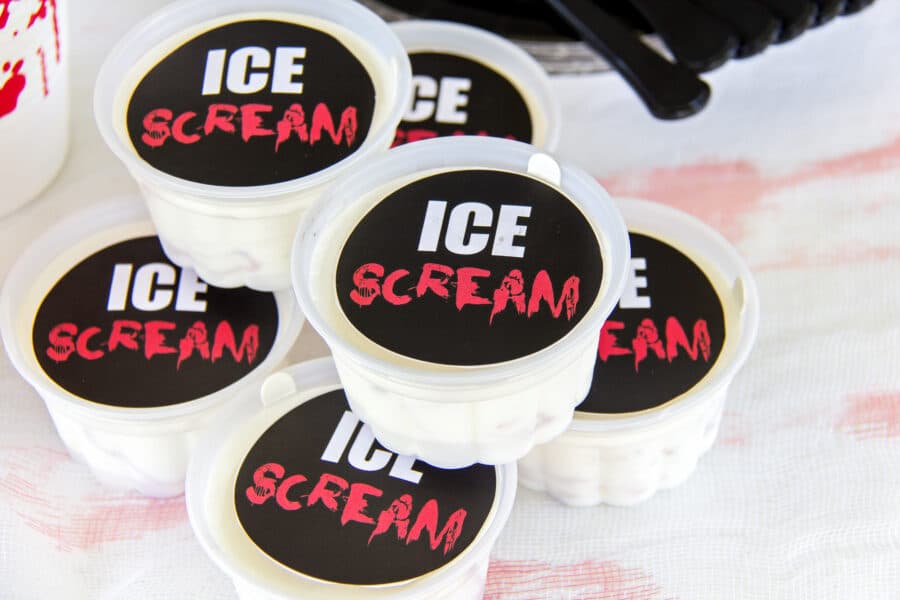 ice scream labels on individual tubs of vanilla ice cream for a halloween party